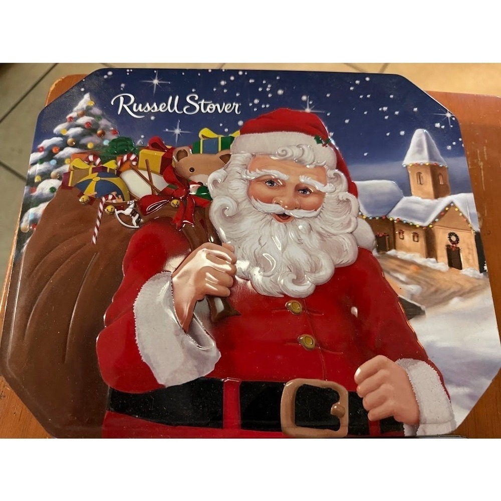 Russell Stover Christmas Tin Santa Claus Embossed Holiday Chocolate Box Vintage